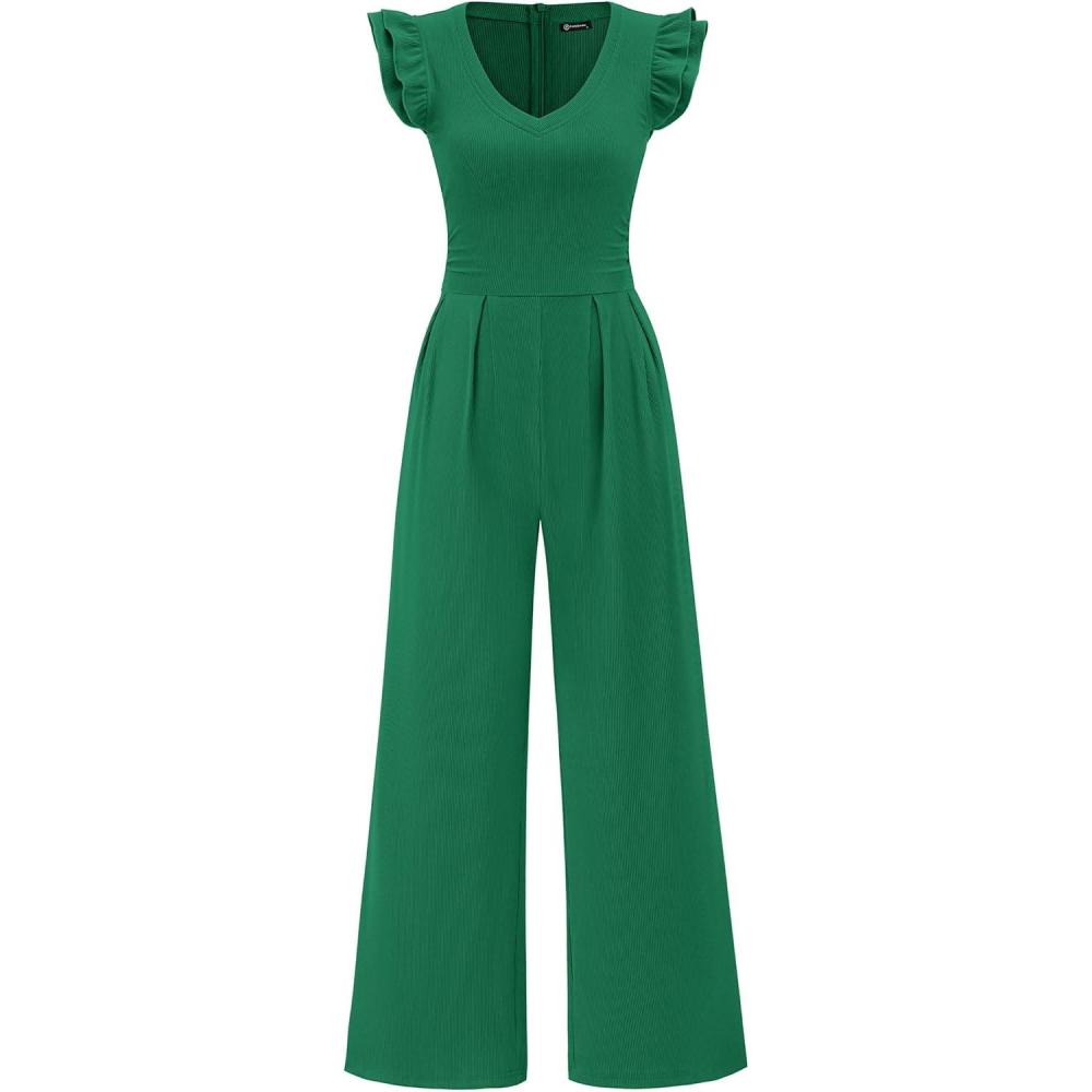 imagePRETTYGARDEN One Piece Jumpsuits For Women Dressy Ruffle Cap Sleeve V Neck Ribbed Knit Wide Leg Romper Casual Spring OutfitsGreen