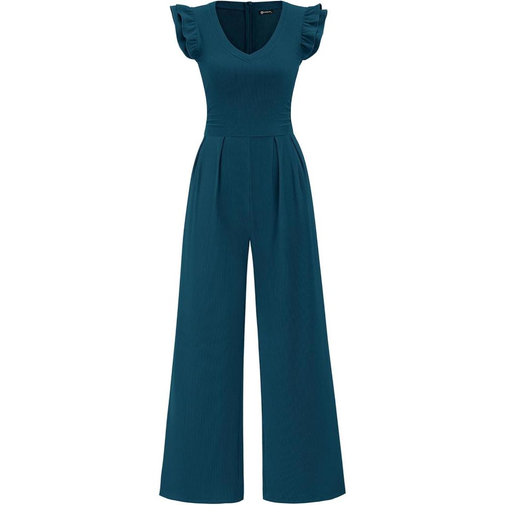 imagePRETTYGARDEN One Piece Jumpsuits For Women Dressy Ruffle Cap Sleeve V Neck Ribbed Knit Wide Leg Romper Casual Spring OutfitsLake Blue