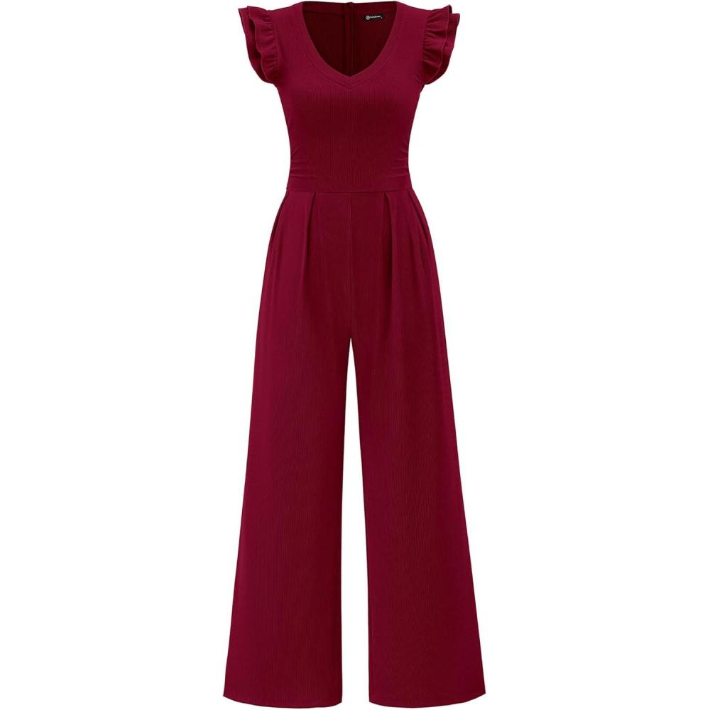 imagePRETTYGARDEN One Piece Jumpsuits For Women Dressy Ruffle Cap Sleeve V Neck Ribbed Knit Wide Leg Romper Casual Spring OutfitsWine Red