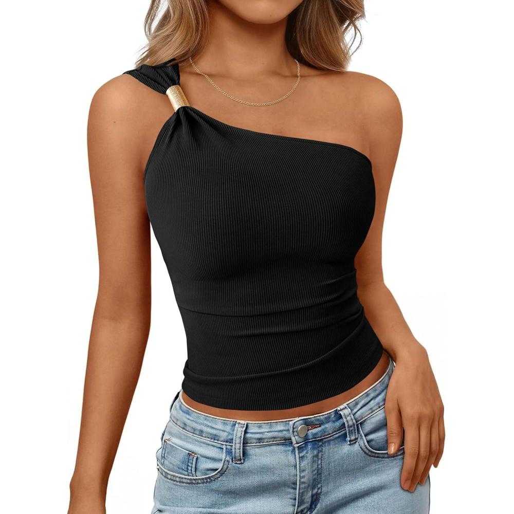 imagePRETTYGARDEN One Shoulder Going Out Tops for Women 2026 Summer Trendy Sleeveless Fitted Ribbed Shirts Spring Y2K ClothesBlack