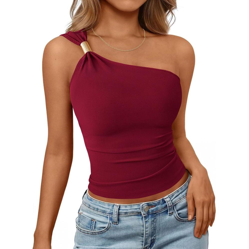imagePRETTYGARDEN One Shoulder Going Out Tops for Women 2026 Summer Trendy Sleeveless Fitted Ribbed Shirts Spring Y2K ClothesBurgundy