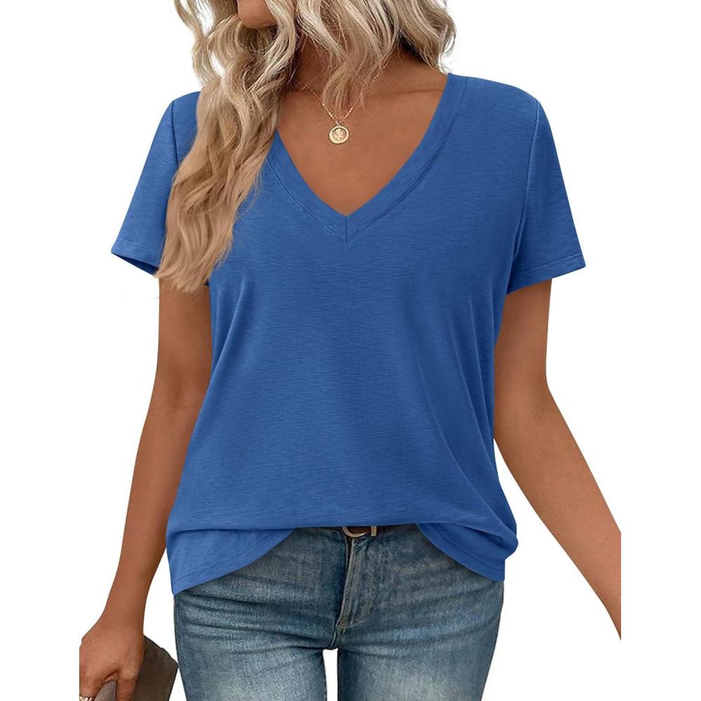 imagePRETTYGARDEN Oversized Tshirts Shirts for Women Summer Tops 2026 Casual Short Sleeve V Neck Loose Basic Tees Spring ClothesBlue