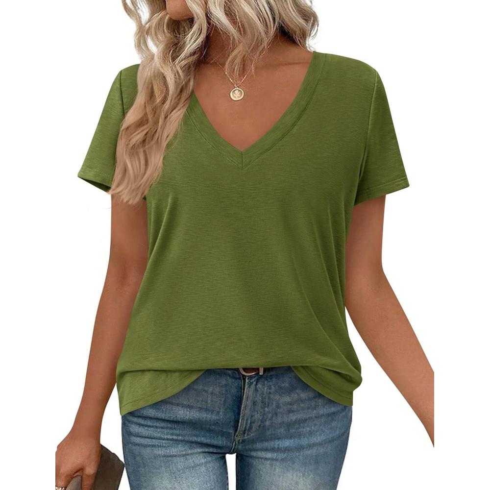 imagePRETTYGARDEN Oversized Tshirts Shirts for Women Summer Tops 2026 Casual Short Sleeve V Neck Loose Basic Tees Spring ClothesGreen