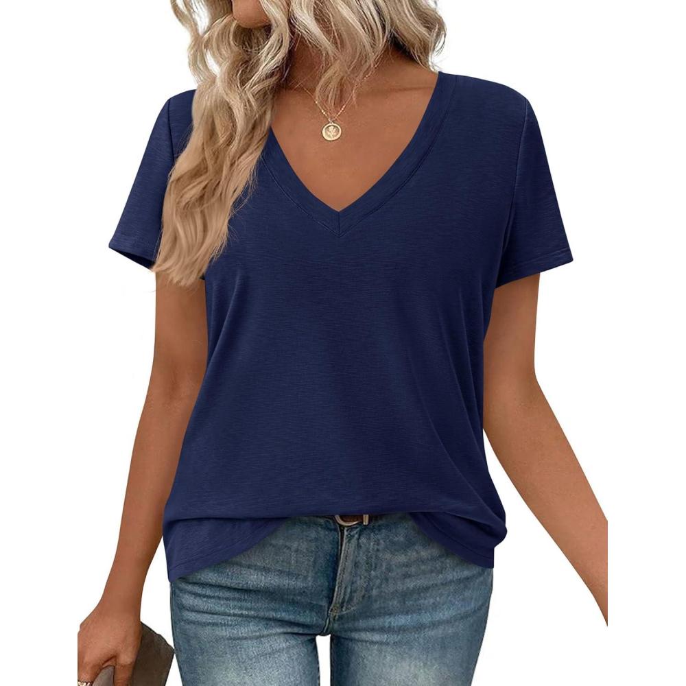 imagePRETTYGARDEN Oversized Tshirts Shirts for Women Summer Tops 2026 Casual Short Sleeve V Neck Loose Basic Tees Spring ClothesNavy Blue