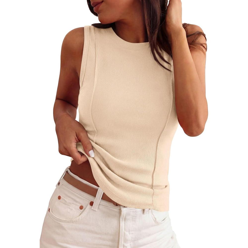 imagePRETTYGARDEN Sleeveless Tops for Women 2026 Summer Ribbed Tank Top Fitted Shirts Basic Tees Cute Spring Going Out Y2k ClothesBeige