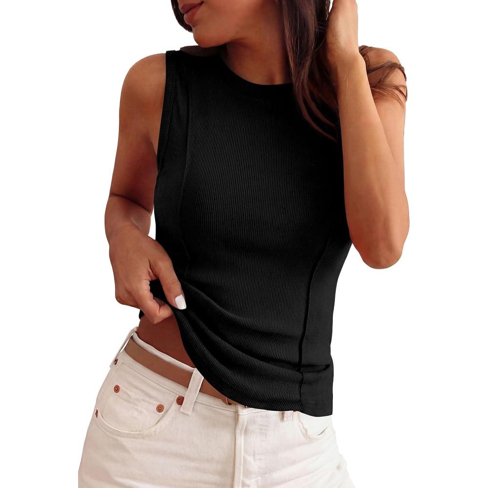 imagePRETTYGARDEN Sleeveless Tops for Women 2026 Summer Ribbed Tank Top Fitted Shirts Basic Tees Cute Spring Going Out Y2k ClothesBlack
