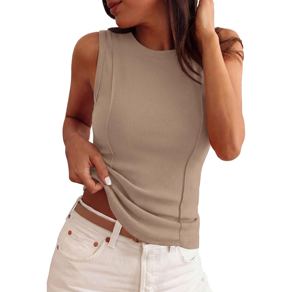 imagePRETTYGARDEN Sleeveless Tops for Women 2026 Summer Ribbed Tank Top Fitted Shirts Basic Tees Cute Spring Going Out Y2k ClothesKhaki