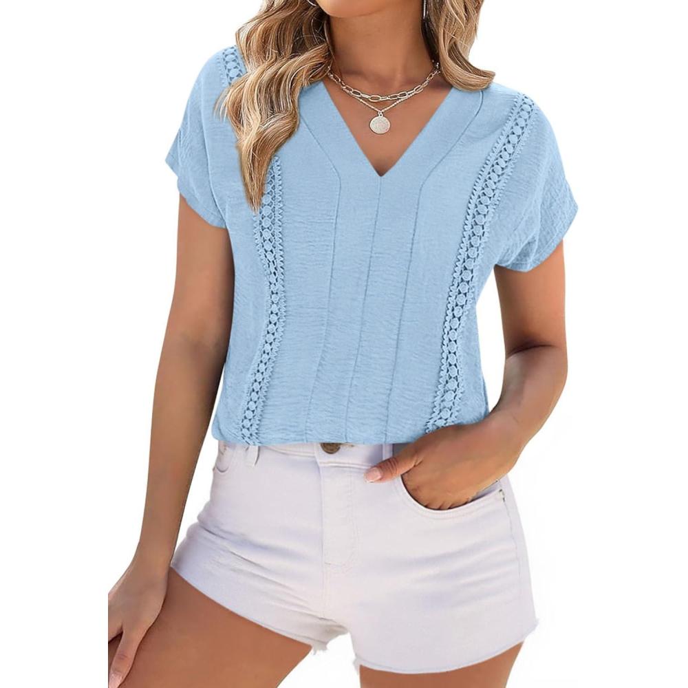 imagePRETTYGARDEN Spring Tops for Women 2026 Summer Fashion Clothes Dressy Casual Blouses Cap Sleeve V Neck Shirts Work OutfitsLight Blue