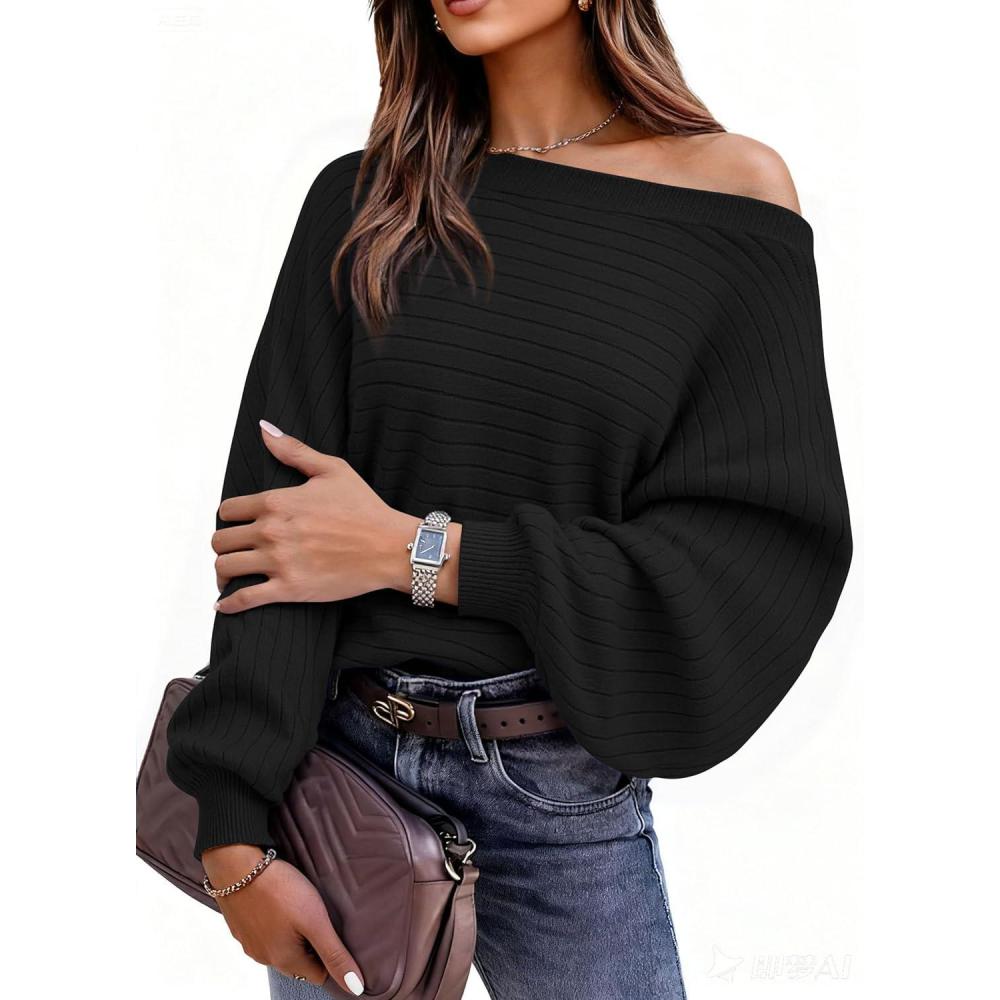 imagePRETTYGARDEN Sweaters for Women Oversized Spring Boat Neck Pullover Long Sleeve Knit Tops Cozy Fall Winter Fashion ClothingBlack
