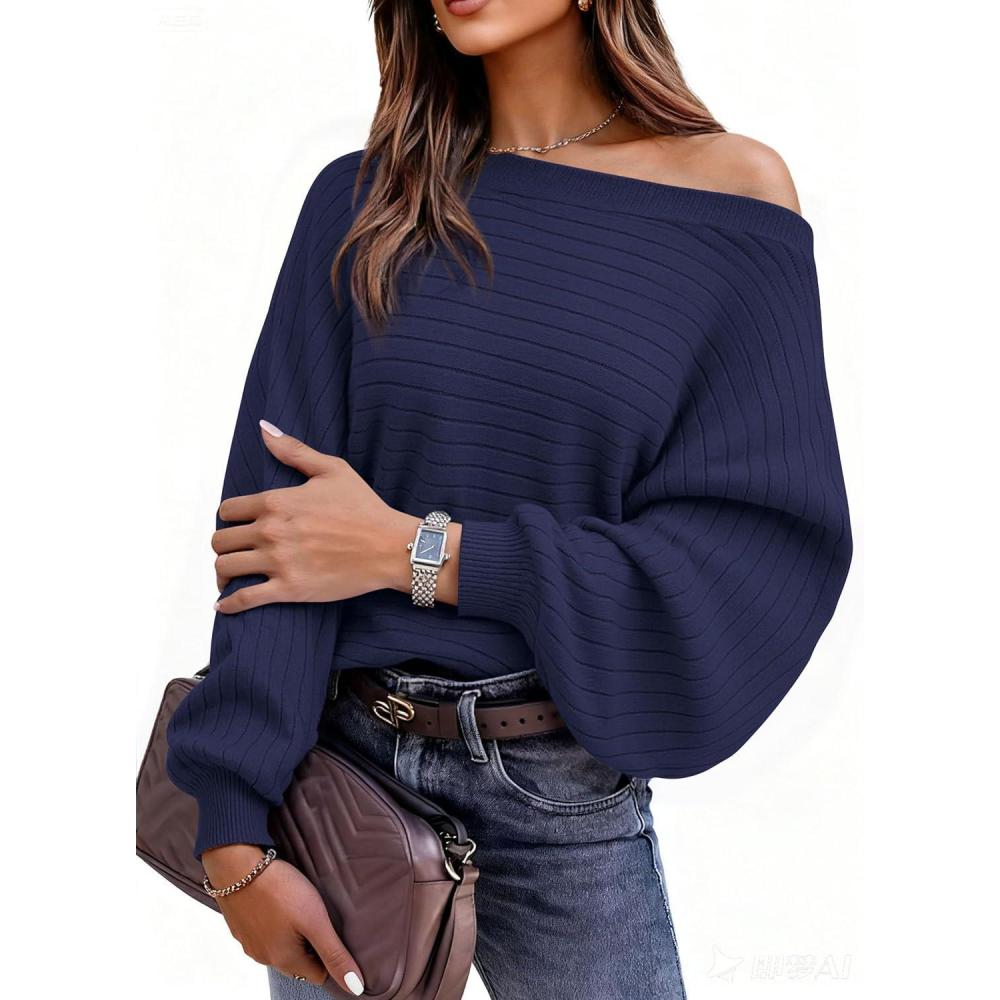imagePRETTYGARDEN Sweaters for Women Oversized Spring Boat Neck Pullover Long Sleeve Knit Tops Cozy Fall Winter Fashion ClothingNavy Blue