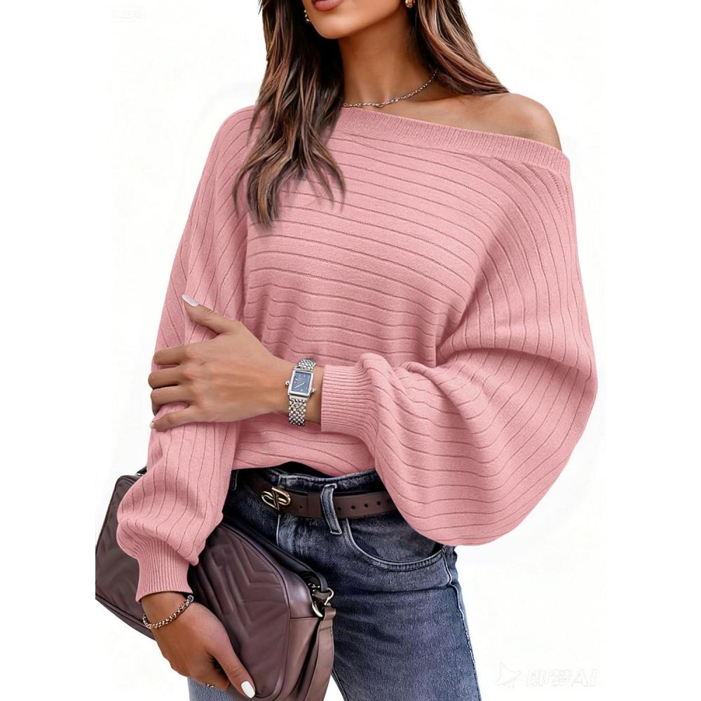 imagePRETTYGARDEN Sweaters for Women Oversized Spring Boat Neck Pullover Long Sleeve Knit Tops Cozy Fall Winter Fashion ClothingPink