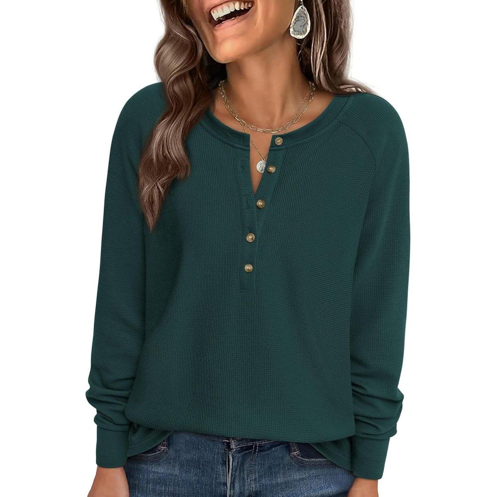 imagePRETTYGARDEN Women Long Sleeve Waffle Knit Shirts 2026 Fall Casual Button V Neck Loose Henley Tops Basic Tees Winter ClothesDark Green