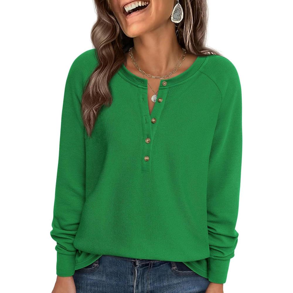 imagePRETTYGARDEN Women Long Sleeve Waffle Knit Shirts 2026 Fall Casual Button V Neck Loose Henley Tops Basic Tees Winter ClothesGreen