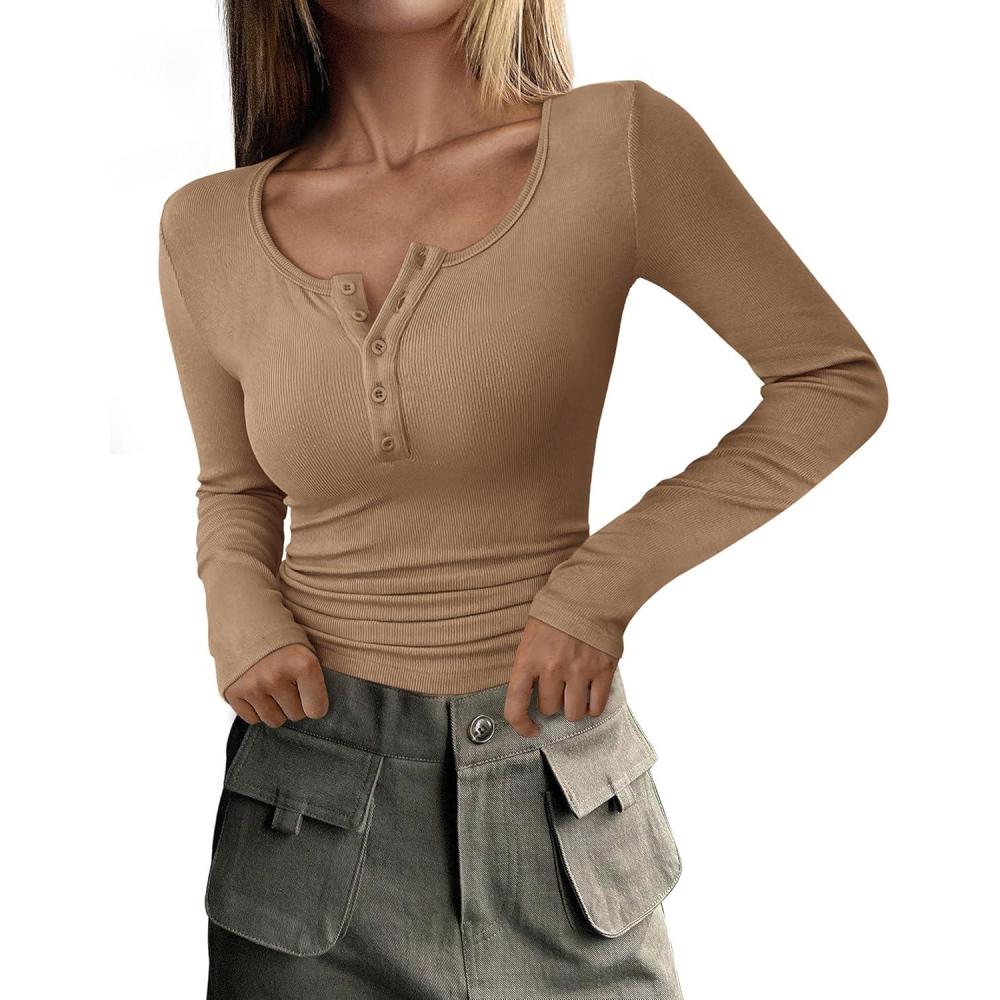 imagePRETTYGARDEN Womens 2026 Fall Long Sleeve Henley T Shirts Button Ribbed Knit Slim Fit Basic Tops Blouse Casual OutfitsLight Khaki
