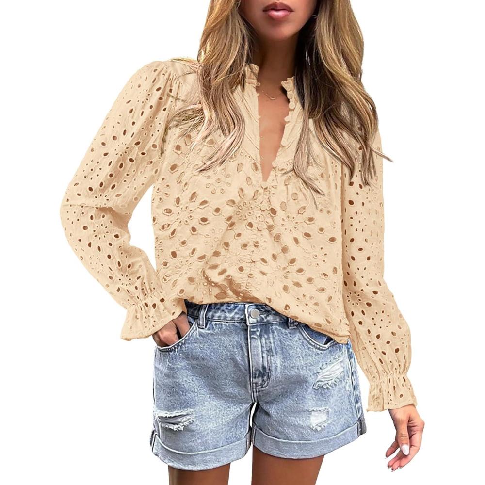 imagePRETTYGARDEN Womens Dressy Casual Blouse Tops Fall Spring Puff Long Sleeve Button V Neck Hollow Out Lace Embroidered ShirtsBeige