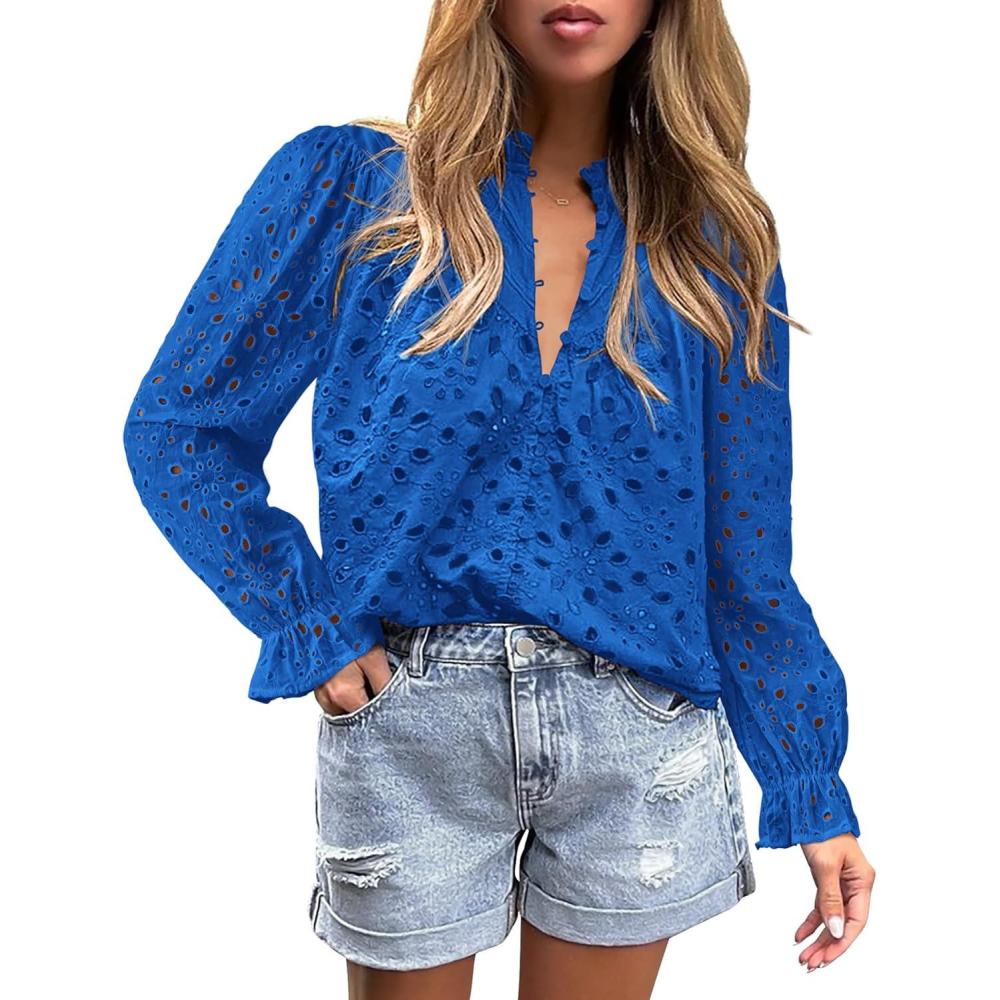imagePRETTYGARDEN Womens Dressy Casual Blouse Tops Fall Spring Puff Long Sleeve Button V Neck Hollow Out Lace Embroidered ShirtsBlue