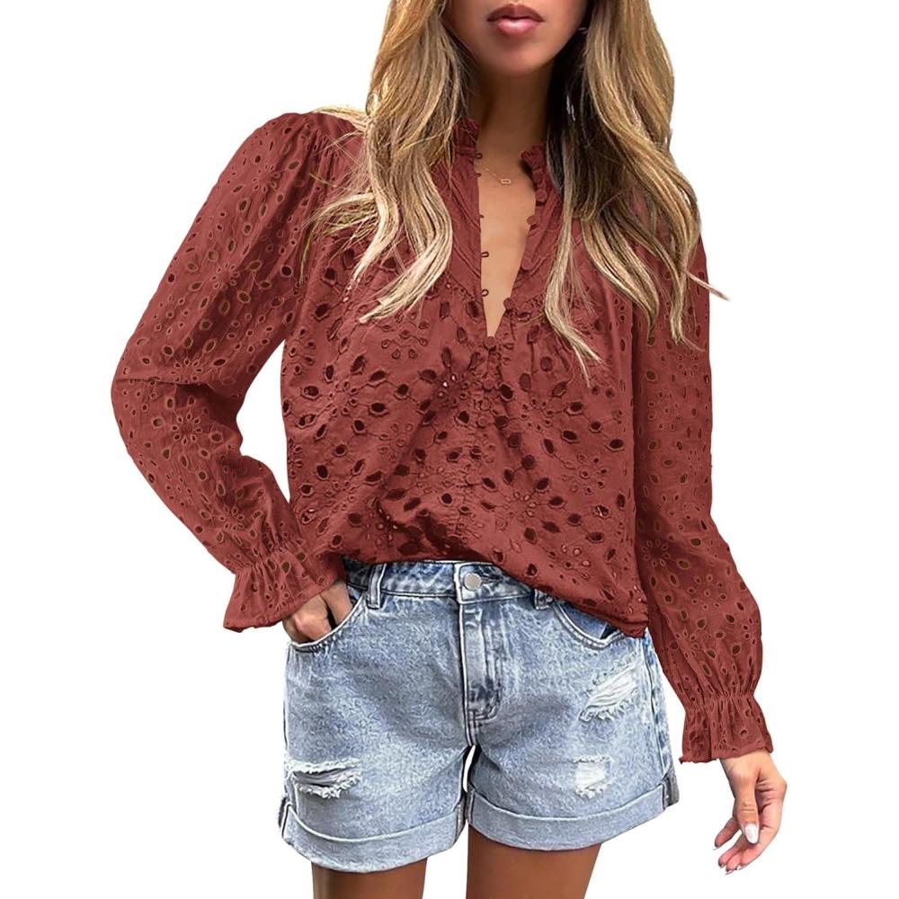 imagePRETTYGARDEN Womens Dressy Casual Blouse Tops Fall Spring Puff Long Sleeve Button V Neck Hollow Out Lace Embroidered ShirtsBrown Red