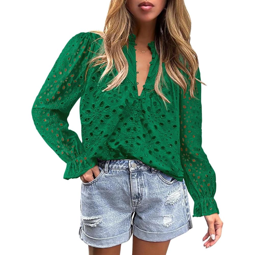 imagePRETTYGARDEN Womens Dressy Casual Blouse Tops Fall Spring Puff Long Sleeve Button V Neck Hollow Out Lace Embroidered ShirtsDark Green