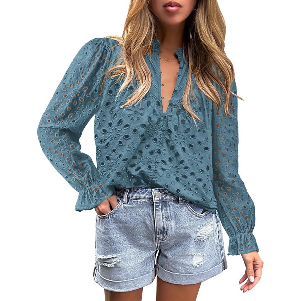 imagePRETTYGARDEN Womens Dressy Casual Blouse Tops Fall Spring Puff Long Sleeve Button V Neck Hollow Out Lace Embroidered ShirtsMist Blue