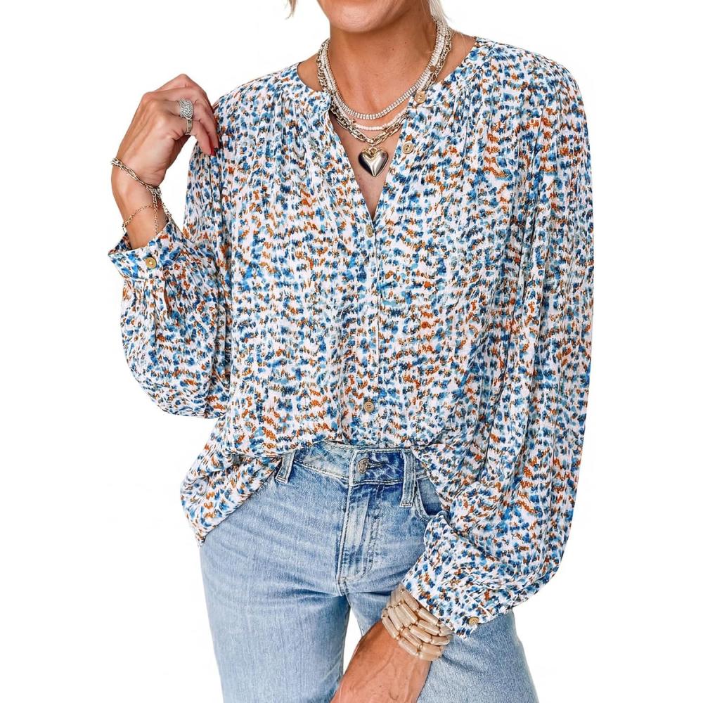 imagePRETTYGARDEN Womens Floral Button Down Blouse 2026 Fall Fashion Dressy Casual Long Sleeve Shirts Spring Top Boho ClothesFloral Blue White