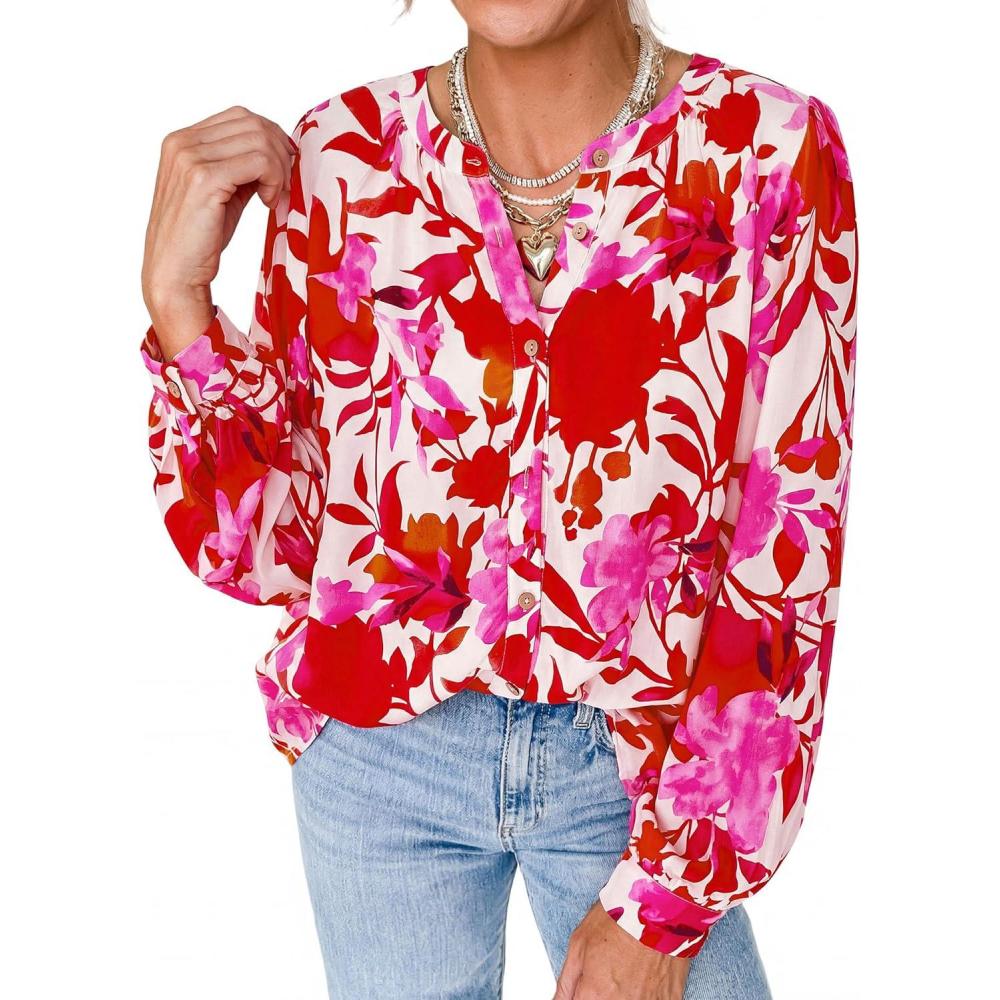 imagePRETTYGARDEN Womens Floral Button Down Blouse 2026 Fall Fashion Dressy Casual Long Sleeve Shirts Spring Top Boho ClothesFloral White Rose Red
