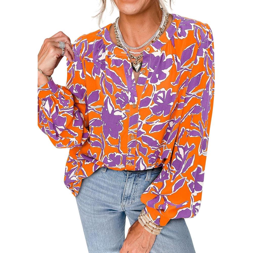 imagePRETTYGARDEN Womens Floral Button Down Blouse 2026 Fall Fashion Dressy Casual Long Sleeve Shirts Spring Top Boho ClothesOrange