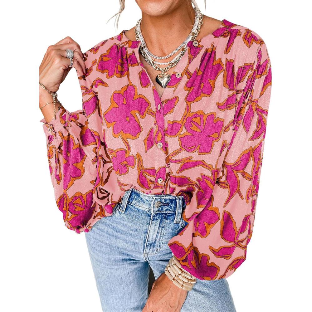 imagePRETTYGARDEN Womens Floral Button Down Blouse 2026 Fall Fashion Dressy Casual Long Sleeve Shirts Spring Top Boho ClothesPink