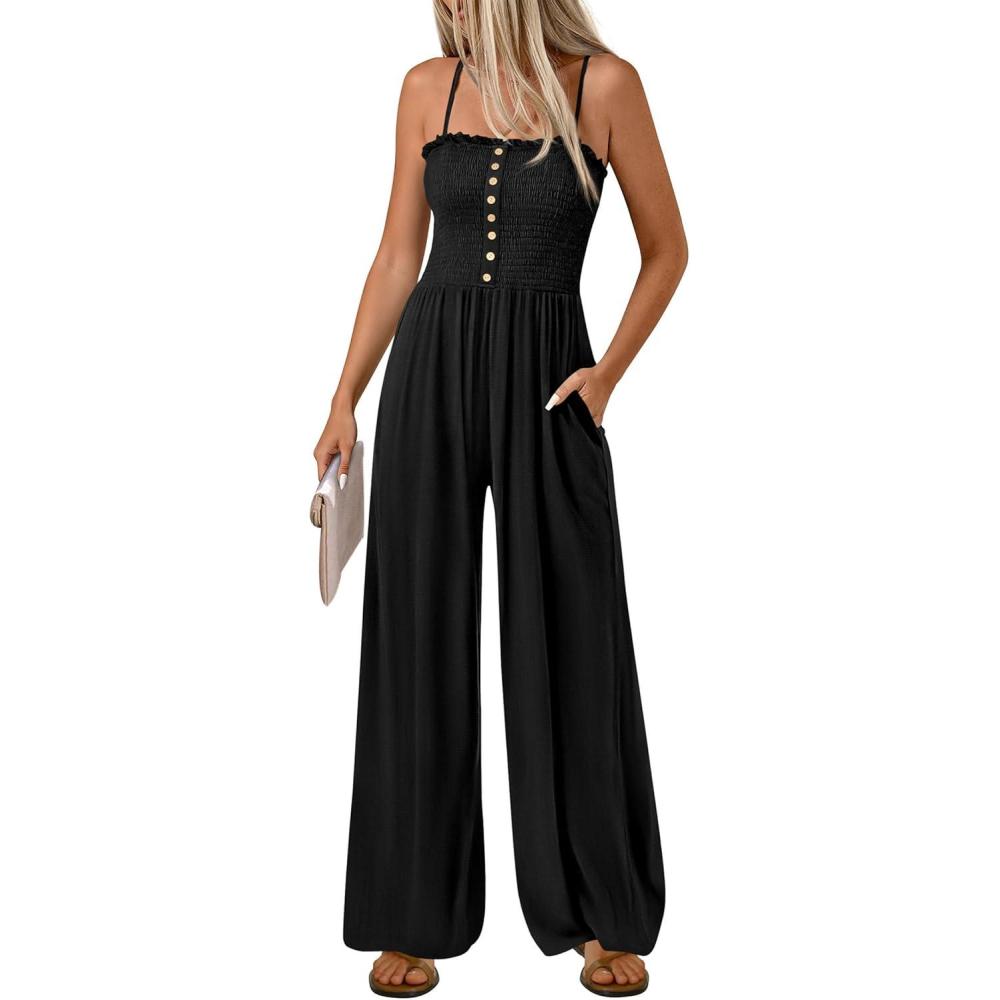 imagePRETTYGARDEN Womens Jumpsuits 2026 Dressy Summer Sleeveless Wide Leg Rompers Smocked Casual Spring Travel One Piece OutfitsBlack