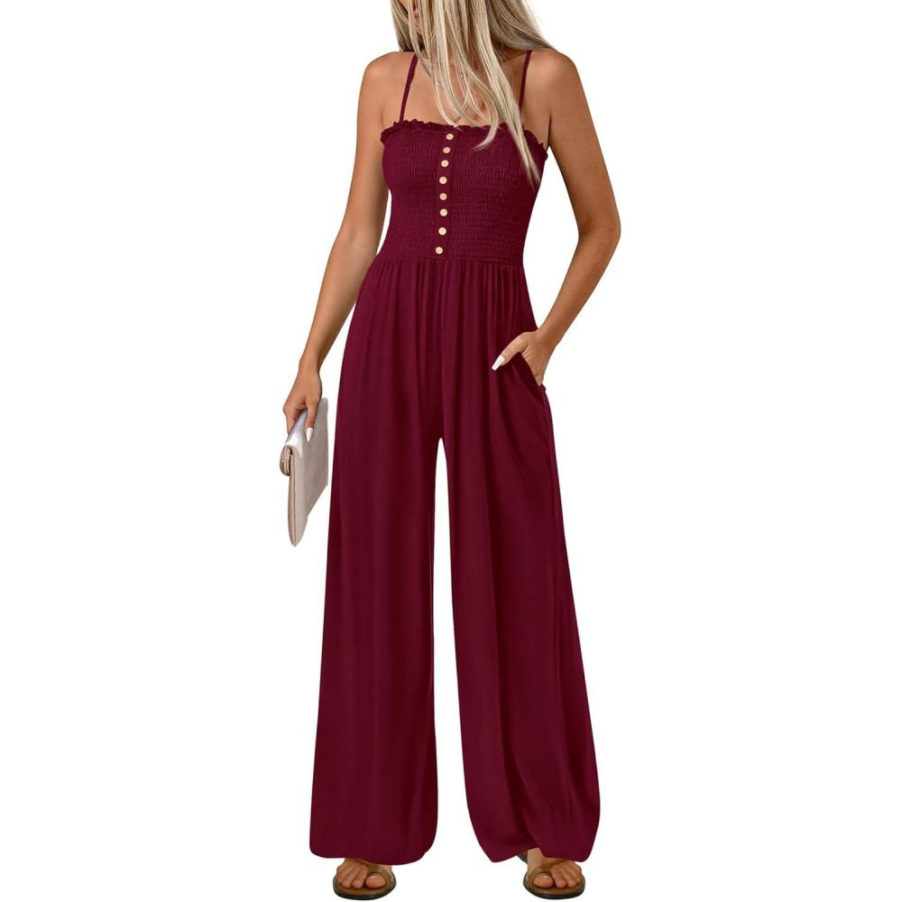 imagePRETTYGARDEN Womens Jumpsuits 2026 Dressy Summer Sleeveless Wide Leg Rompers Smocked Casual Spring Travel One Piece OutfitsBurgundy