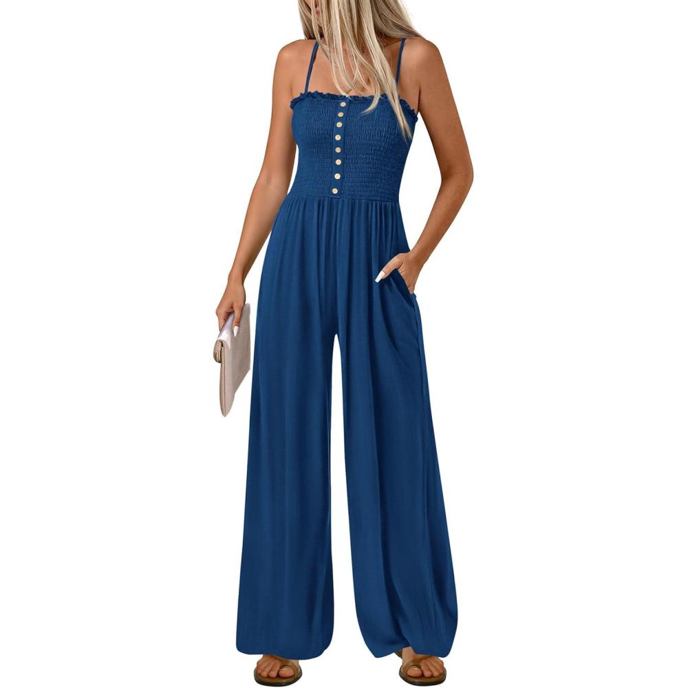 imagePRETTYGARDEN Womens Jumpsuits 2026 Dressy Summer Sleeveless Wide Leg Rompers Smocked Casual Spring Travel One Piece OutfitsNavy Blue