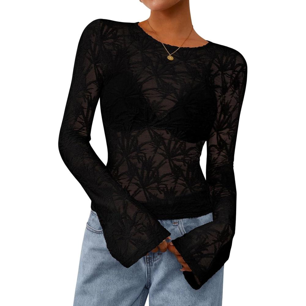 imagePRETTYGARDEN Womens Lace Long Bell Sleeve Tops 2026 Fall Sexy See Through Sheer Floral Blouse Shirt Spring Going Out OutfitsBlack
