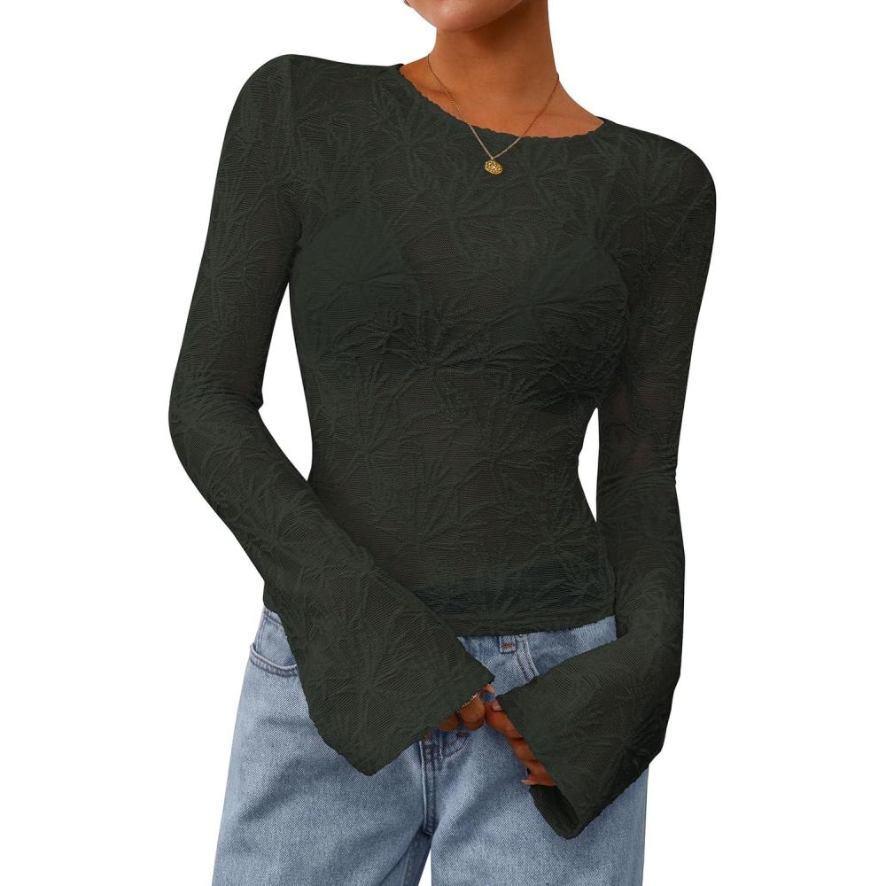 imagePRETTYGARDEN Womens Lace Long Bell Sleeve Tops 2026 Fall Sexy See Through Sheer Floral Blouse Shirt Spring Going Out OutfitsDark Green