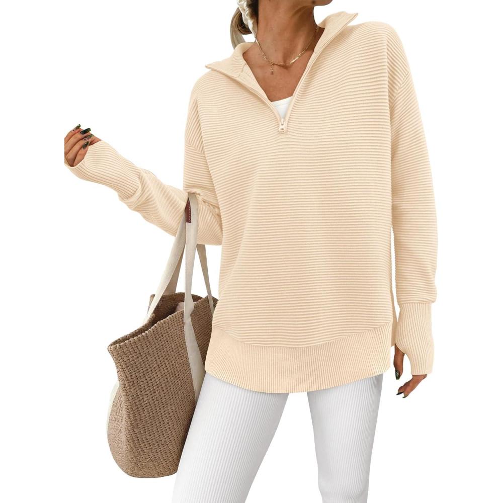 imagePRETTYGARDEN Womens Long Sleeve Quarter Zip Pullover Sweater Casual Loose V Neck Collared Ribbed Knit Jumper Tops Thumb HoleApricot