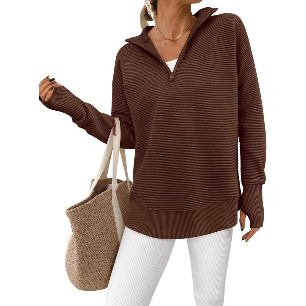 imagePRETTYGARDEN Womens Long Sleeve Quarter Zip Pullover Sweater Casual Loose V Neck Collared Ribbed Knit Jumper Tops Thumb HoleBrown
