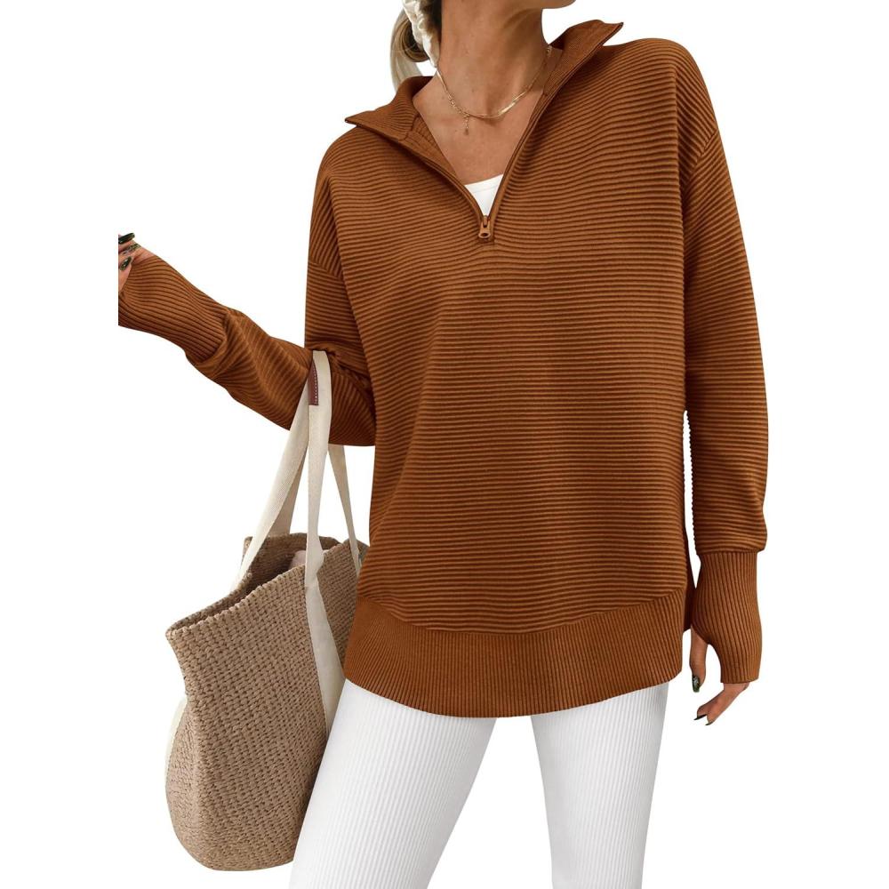 imagePRETTYGARDEN Womens Long Sleeve Quarter Zip Pullover Sweater Casual Loose V Neck Collared Ribbed Knit Jumper Tops Thumb HoleCaramel