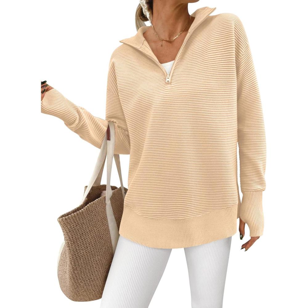 imagePRETTYGARDEN Womens Long Sleeve Quarter Zip Pullover Sweater Casual Loose V Neck Collared Ribbed Knit Jumper Tops Thumb HoleDark Apricot