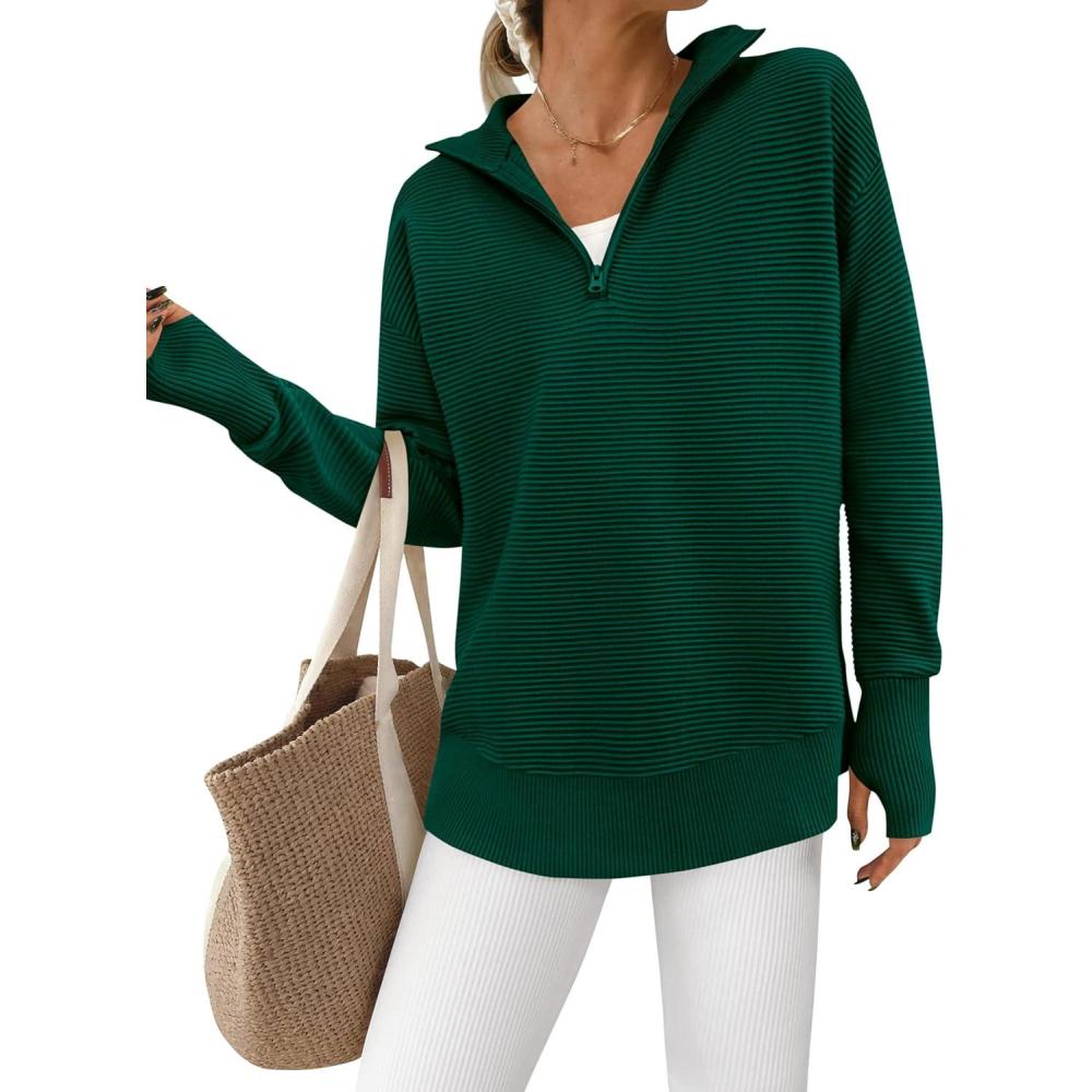 imagePRETTYGARDEN Womens Long Sleeve Quarter Zip Pullover Sweater Casual Loose V Neck Collared Ribbed Knit Jumper Tops Thumb HoleDark Green