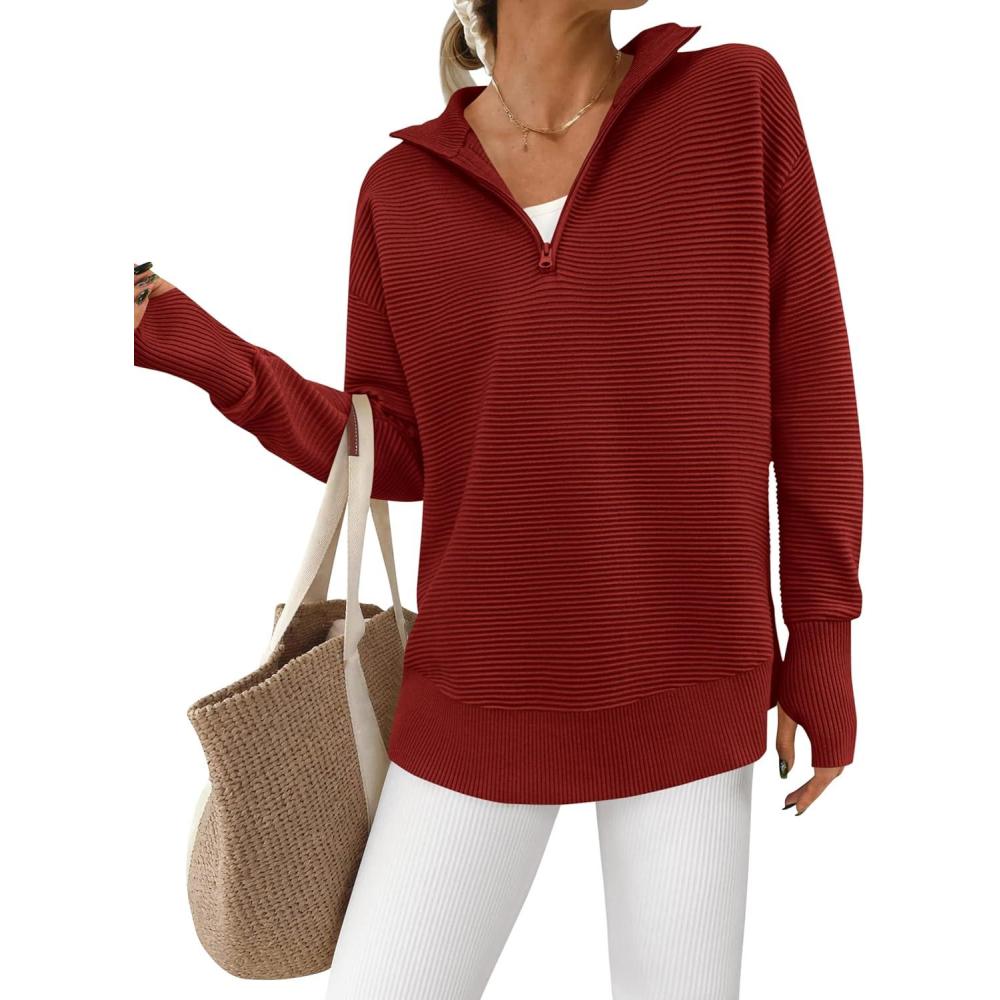 imagePRETTYGARDEN Womens Long Sleeve Quarter Zip Pullover Sweater Casual Loose V Neck Collared Ribbed Knit Jumper Tops Thumb HoleDark Red