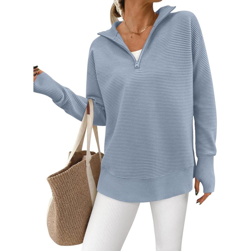 imagePRETTYGARDEN Womens Long Sleeve Quarter Zip Pullover Sweater Casual Loose V Neck Collared Ribbed Knit Jumper Tops Thumb HoleGrey