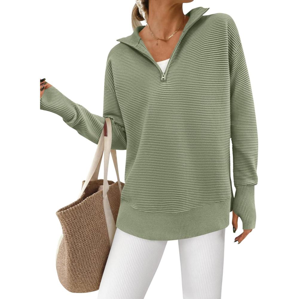 imagePRETTYGARDEN Womens Long Sleeve Quarter Zip Pullover Sweater Casual Loose V Neck Collared Ribbed Knit Jumper Tops Thumb HoleGrey Green