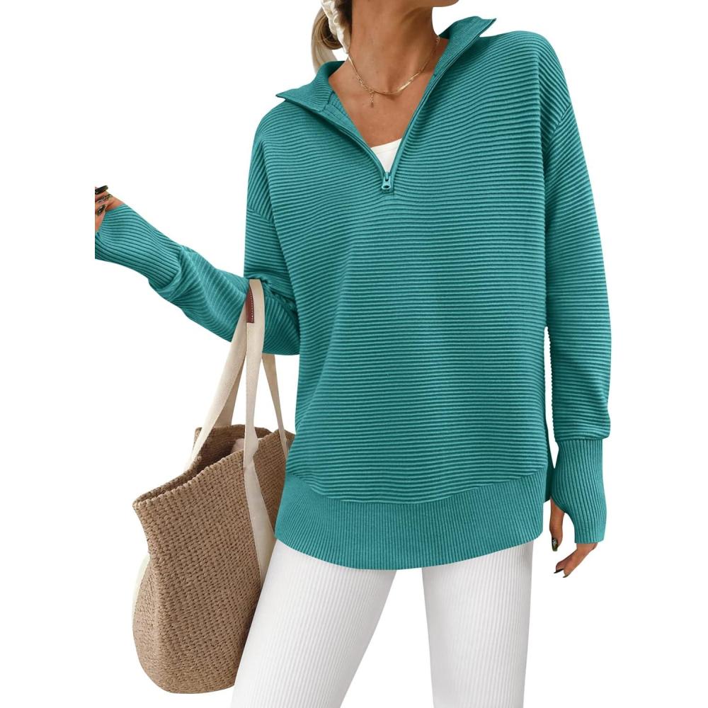 imagePRETTYGARDEN Womens Long Sleeve Quarter Zip Pullover Sweater Casual Loose V Neck Collared Ribbed Knit Jumper Tops Thumb HoleLake Blue