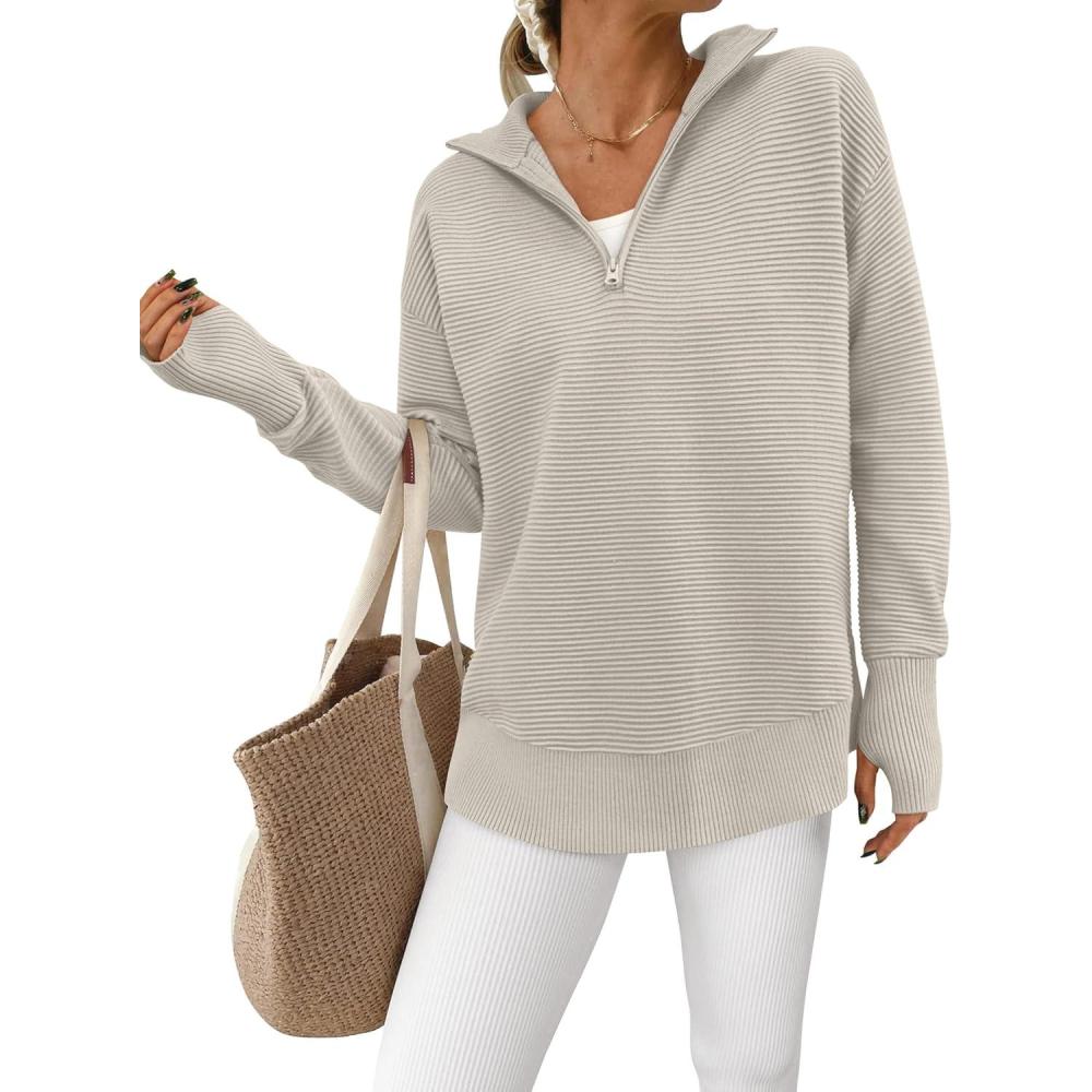 imagePRETTYGARDEN Womens Long Sleeve Quarter Zip Pullover Sweater Casual Loose V Neck Collared Ribbed Knit Jumper Tops Thumb HoleLight Grey