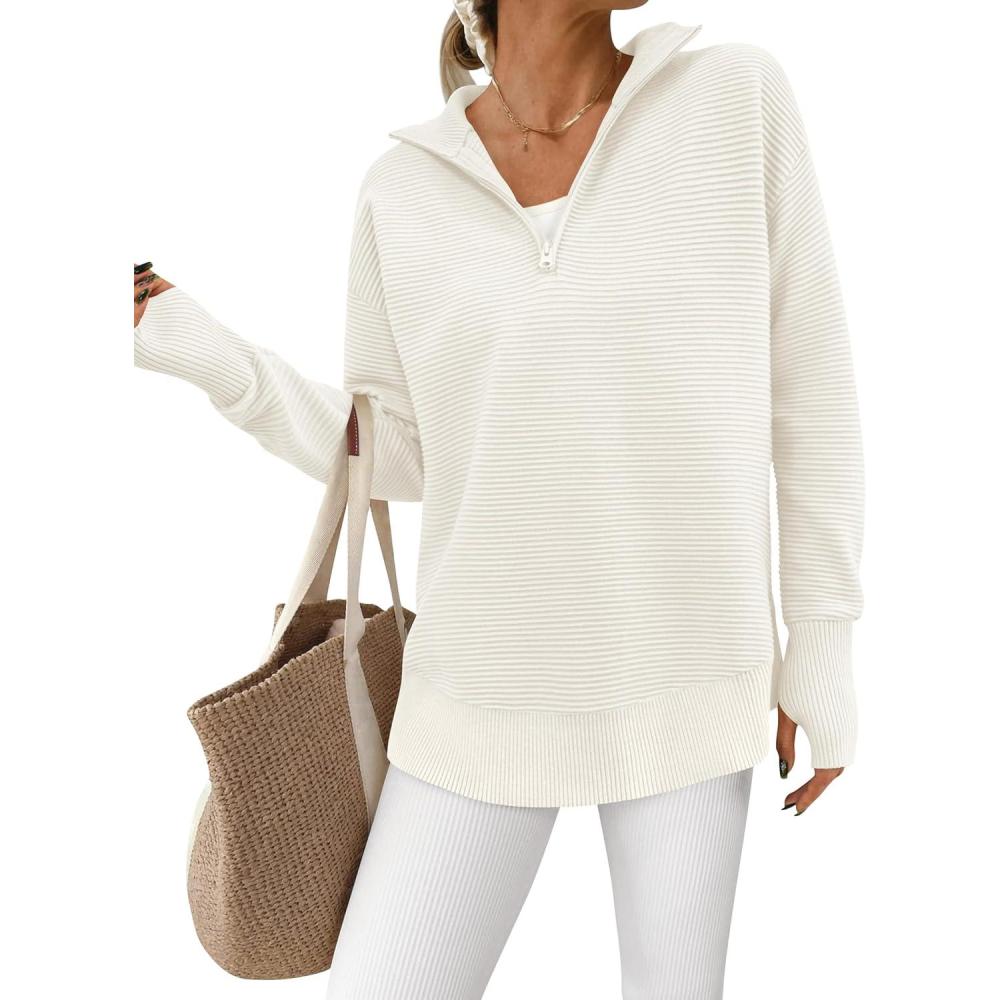 imagePRETTYGARDEN Womens Long Sleeve Quarter Zip Pullover Sweater Casual Loose V Neck Collared Ribbed Knit Jumper Tops Thumb HoleWhite
