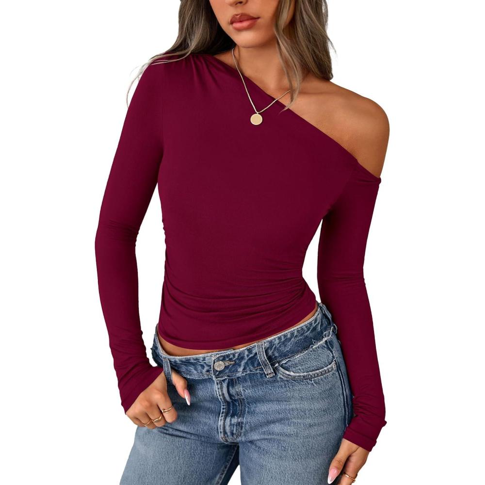 imagePRETTYGARDEN Womens Off Shoulder Long Sleeve Shirts 2026 Fall Ruched Fitted Asymmetrical Going Out Tops Trendy Y2K ClothesBurgundy