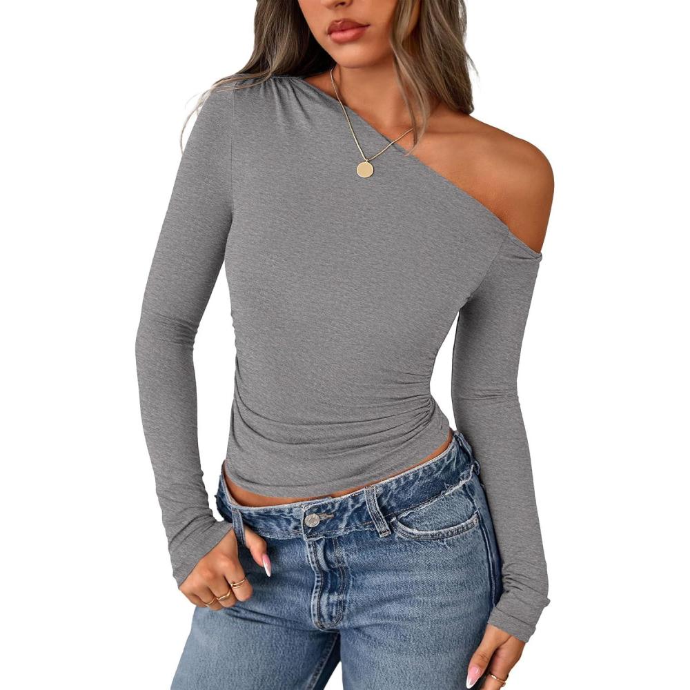 imagePRETTYGARDEN Womens Off Shoulder Long Sleeve Shirts 2026 Fall Ruched Fitted Asymmetrical Going Out Tops Trendy Y2K ClothesGrey