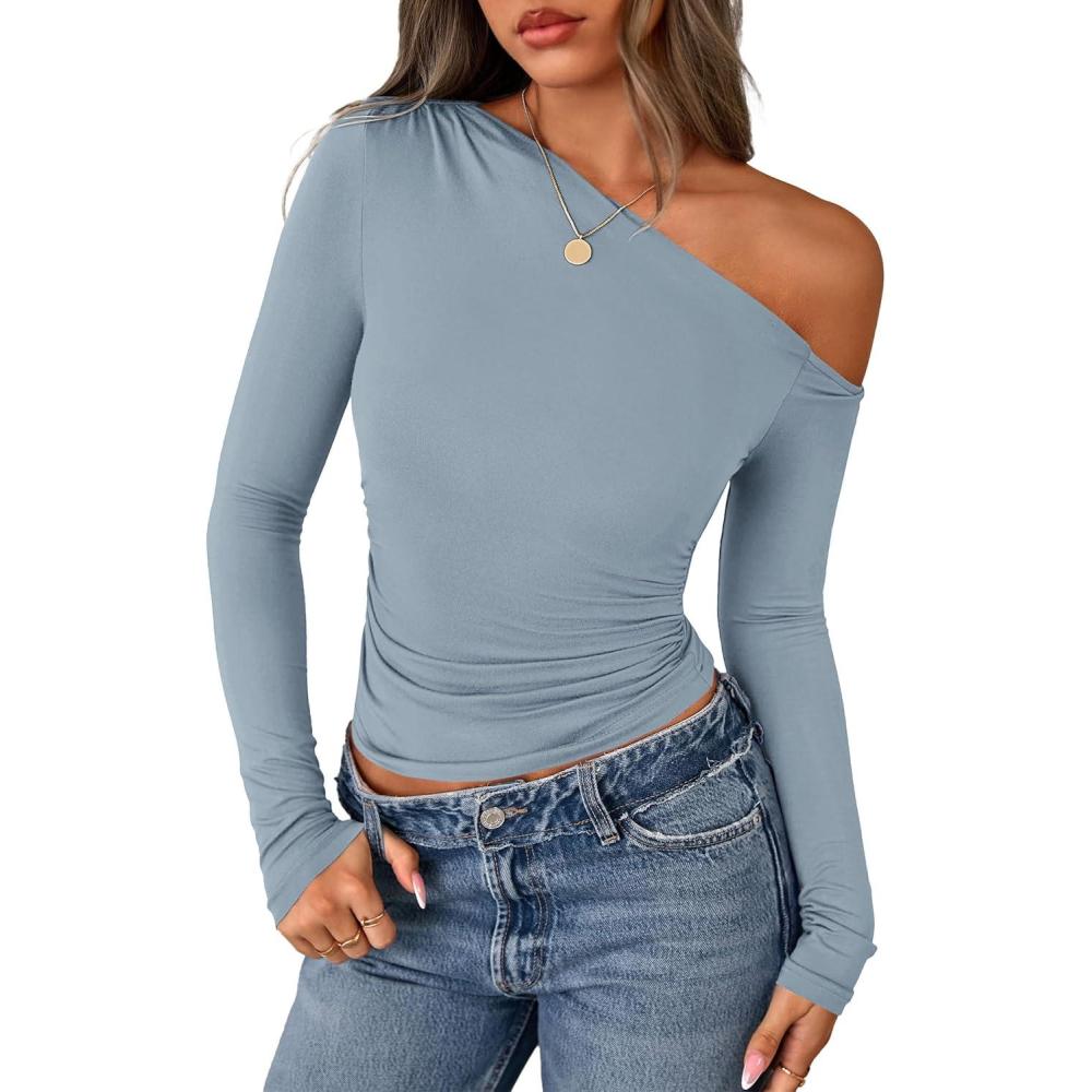 imagePRETTYGARDEN Womens Off Shoulder Long Sleeve Shirts 2026 Fall Ruched Fitted Asymmetrical Going Out Tops Trendy Y2K ClothesSky Blue