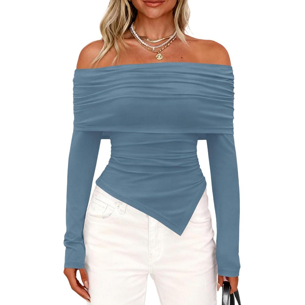 imagePRETTYGARDEN Womens Off The Shoulder Tops Spring Fashion 2026 Long Sleeve Shirts Going Out Slim Fitted Blouses Fall ClothesGrey Blue