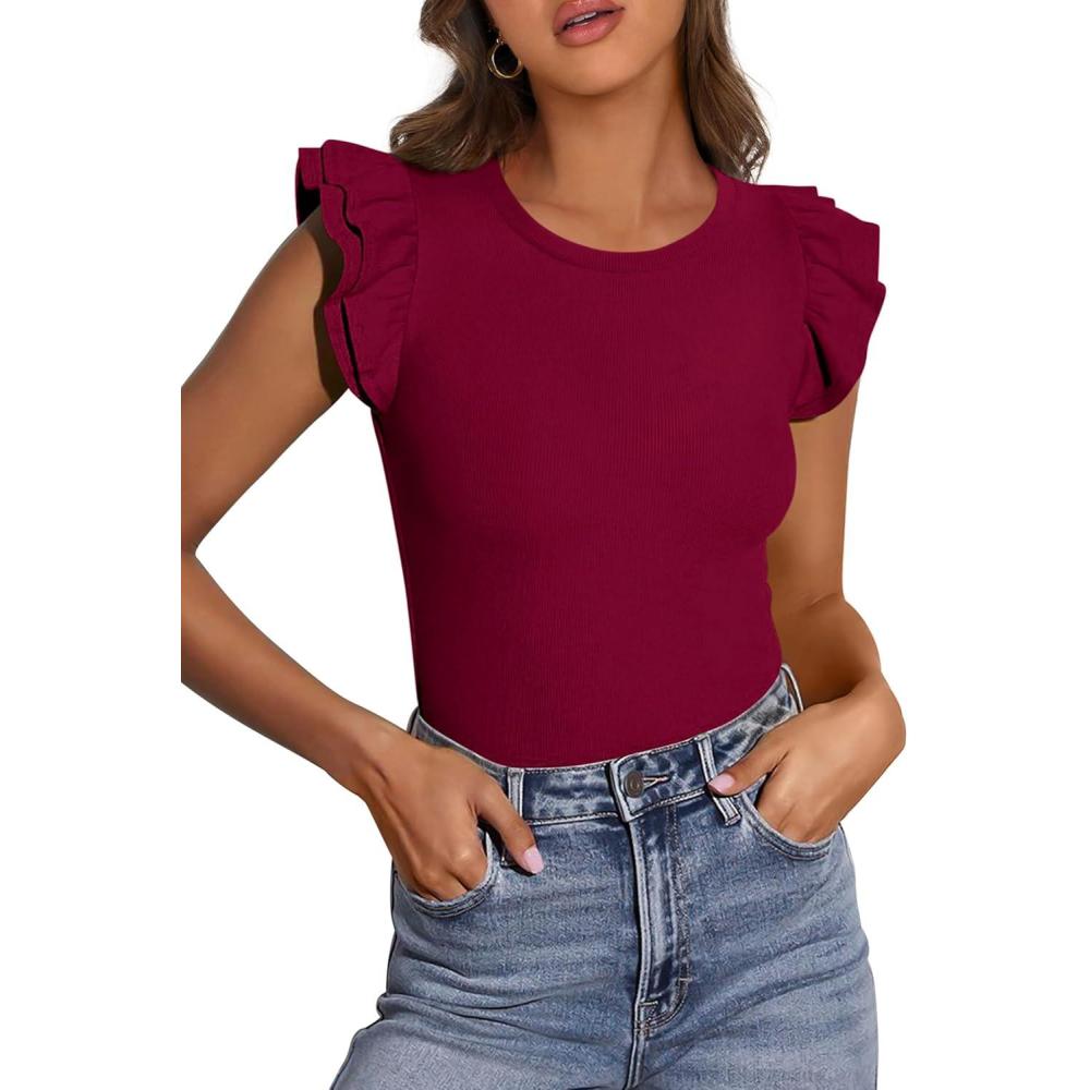 imagePRETTYGARDEN Womens Summer Crew Neck T Shirts 2026 Trendy Ruffle Sleeve Slim Fit Knit Going Out Tops Casual Spring ClothesWine Red
