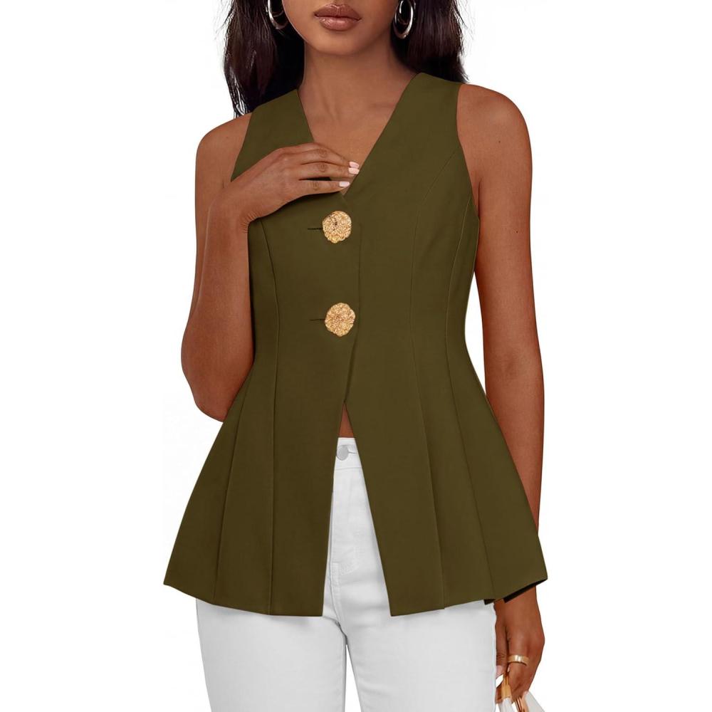 imagePRETTYGARDEN Womens Summer Sleeveless Blazer Vest Tops 2026 Trendy V Neck Button Down Business Casual Suit Vests WaistcoatArmy Green