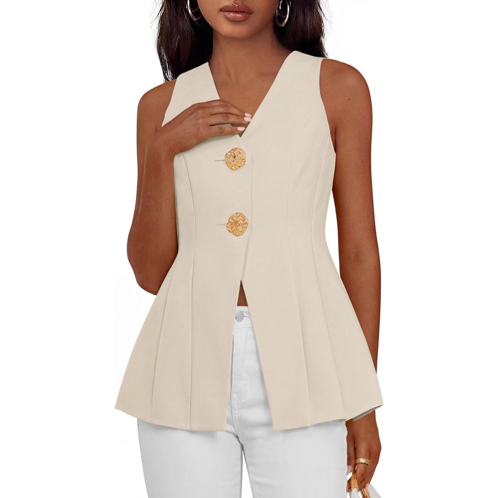 imagePRETTYGARDEN Womens Summer Sleeveless Blazer Vest Tops 2026 Trendy V Neck Button Down Business Casual Suit Vests WaistcoatBeige